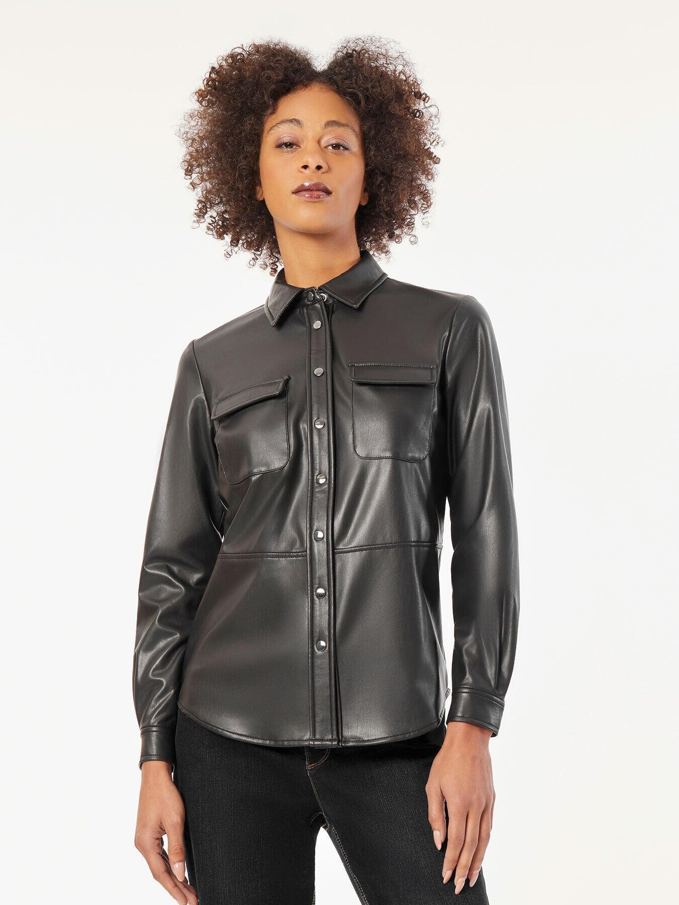 vegan leather snap-front utility shirt