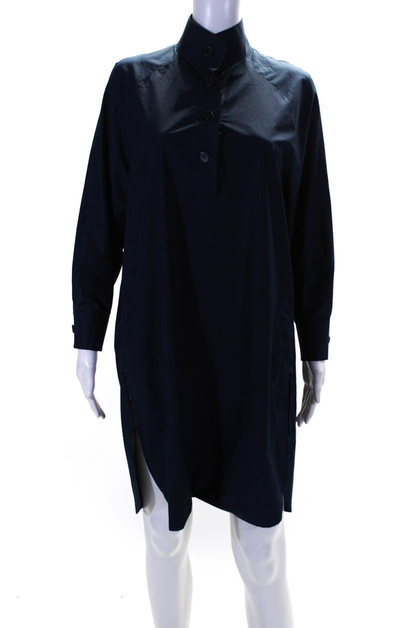 womens half button down shirt dress navy blue cotton