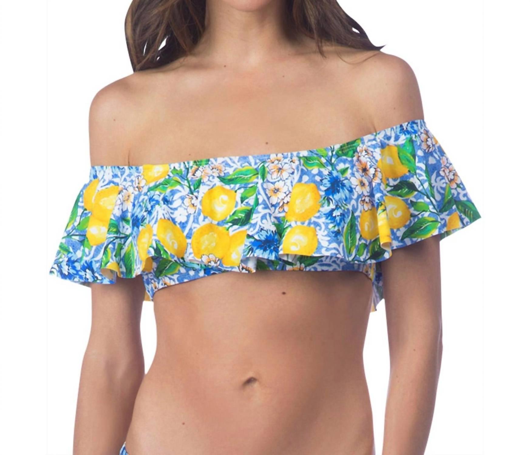 off the shoulder flounce bandeau bikini top in limoncello