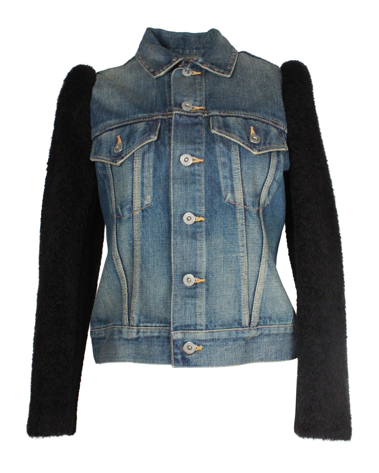 denim jacket with shearling sleeves in blue cotton