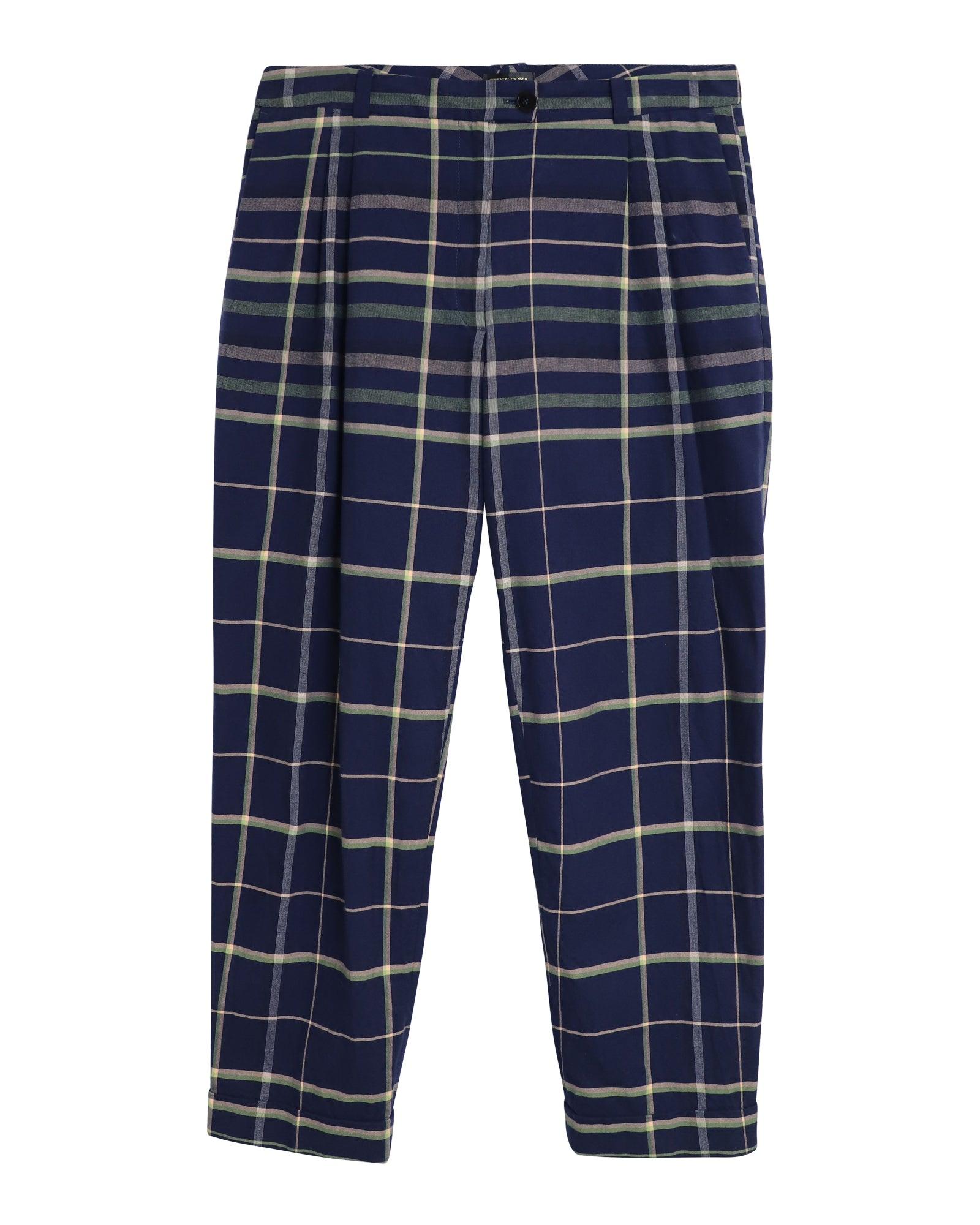 checked trousers in navy blue cotton