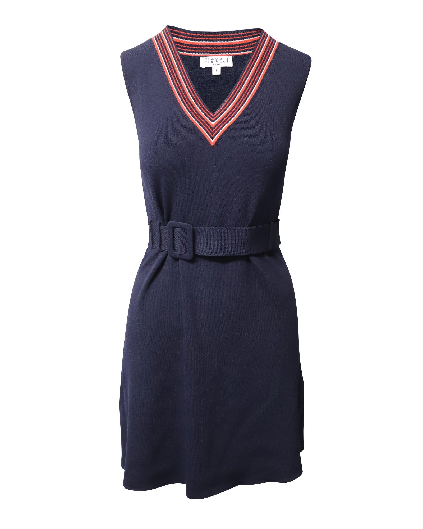 striped v-neck knitted dress in navy blue viscose