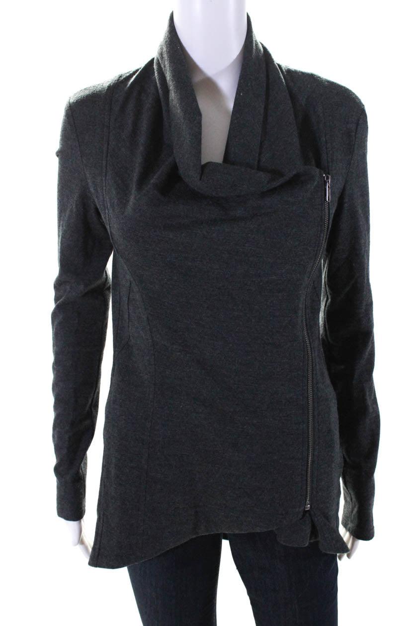 womens gray wool cowl neck full zip long sleeve jacket