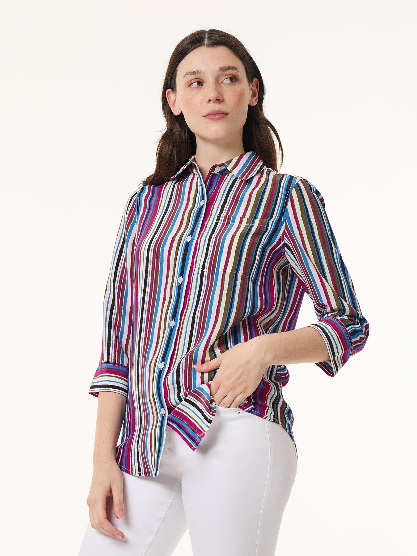 striped button front shirt, crepe de chine