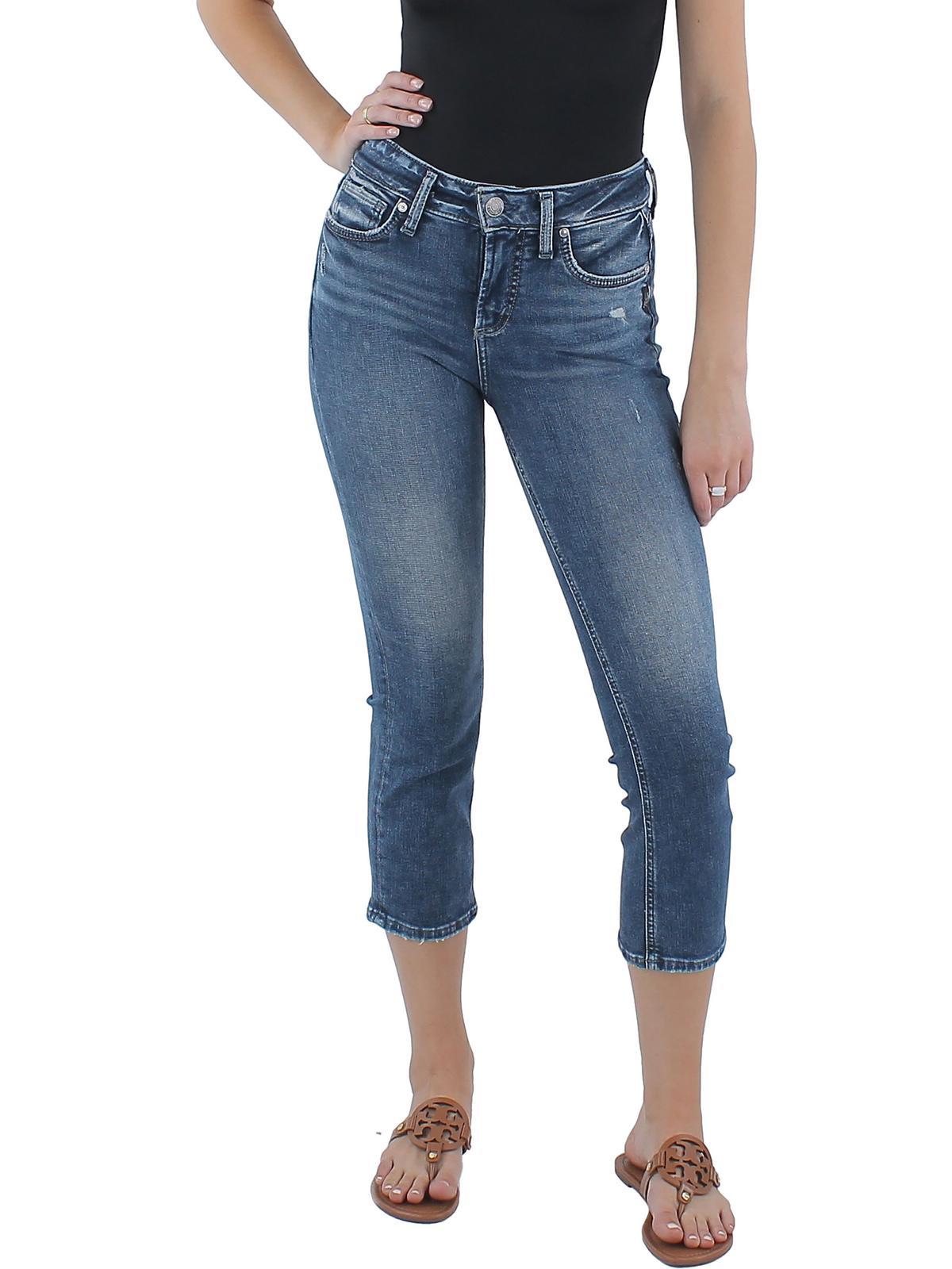 womens mid rise medium wash capri jeans