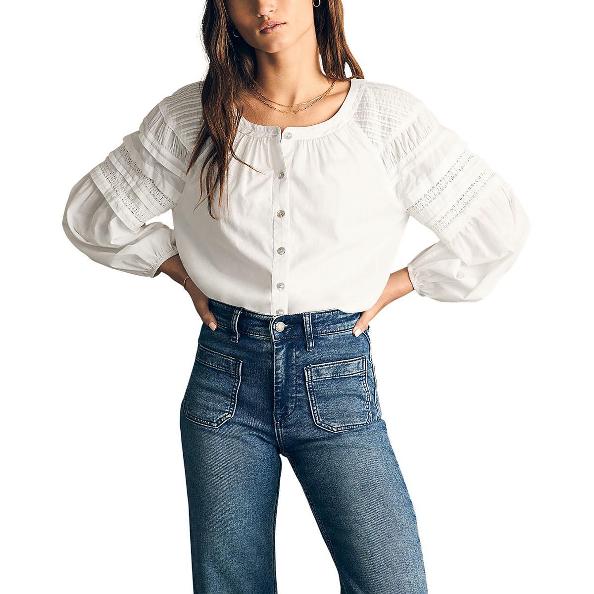 womens crewneck cotton button-down top