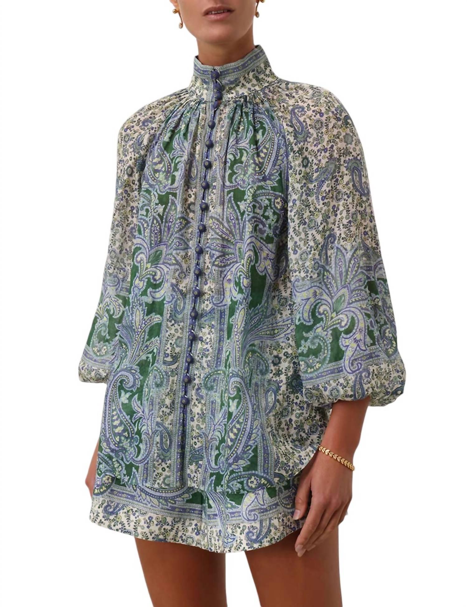 ottie billow blouse in green paisley