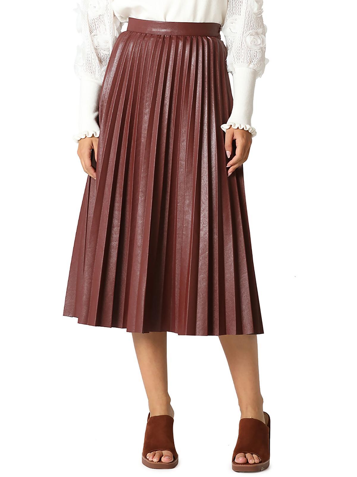 womens faux leather long pleated skirt