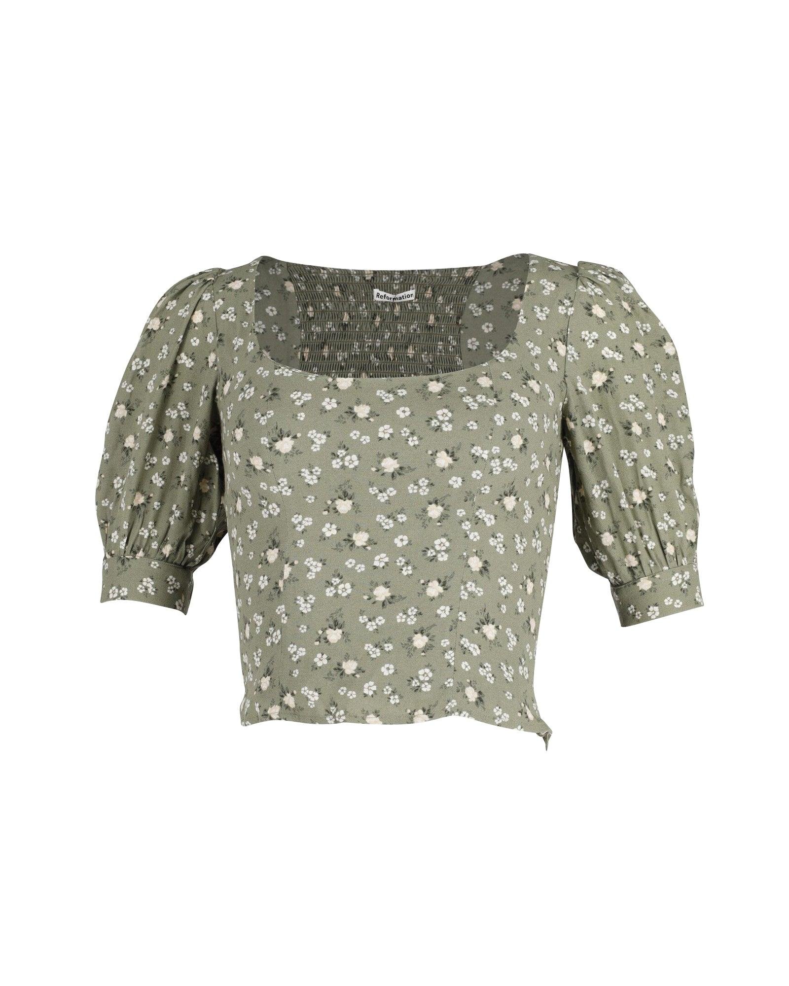 cave top with floral print in green khaki viscose