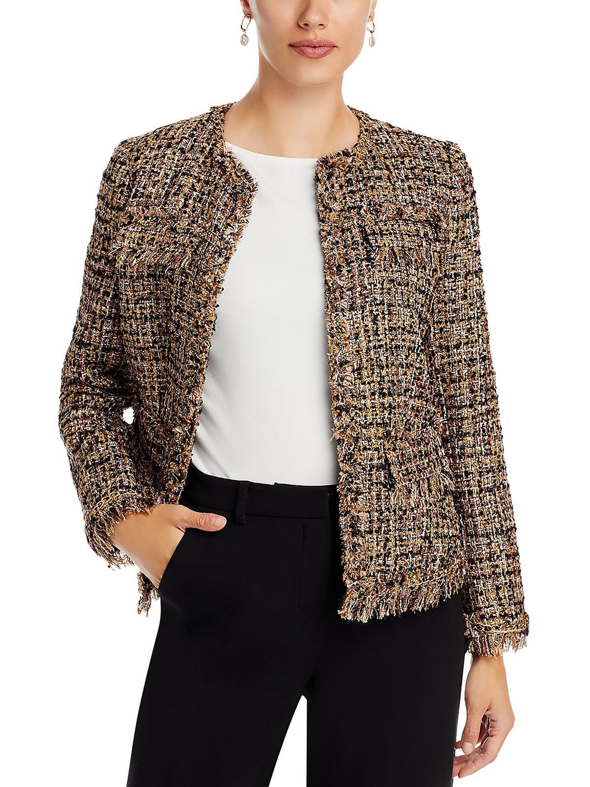 womens tweed metallic collarless blazer