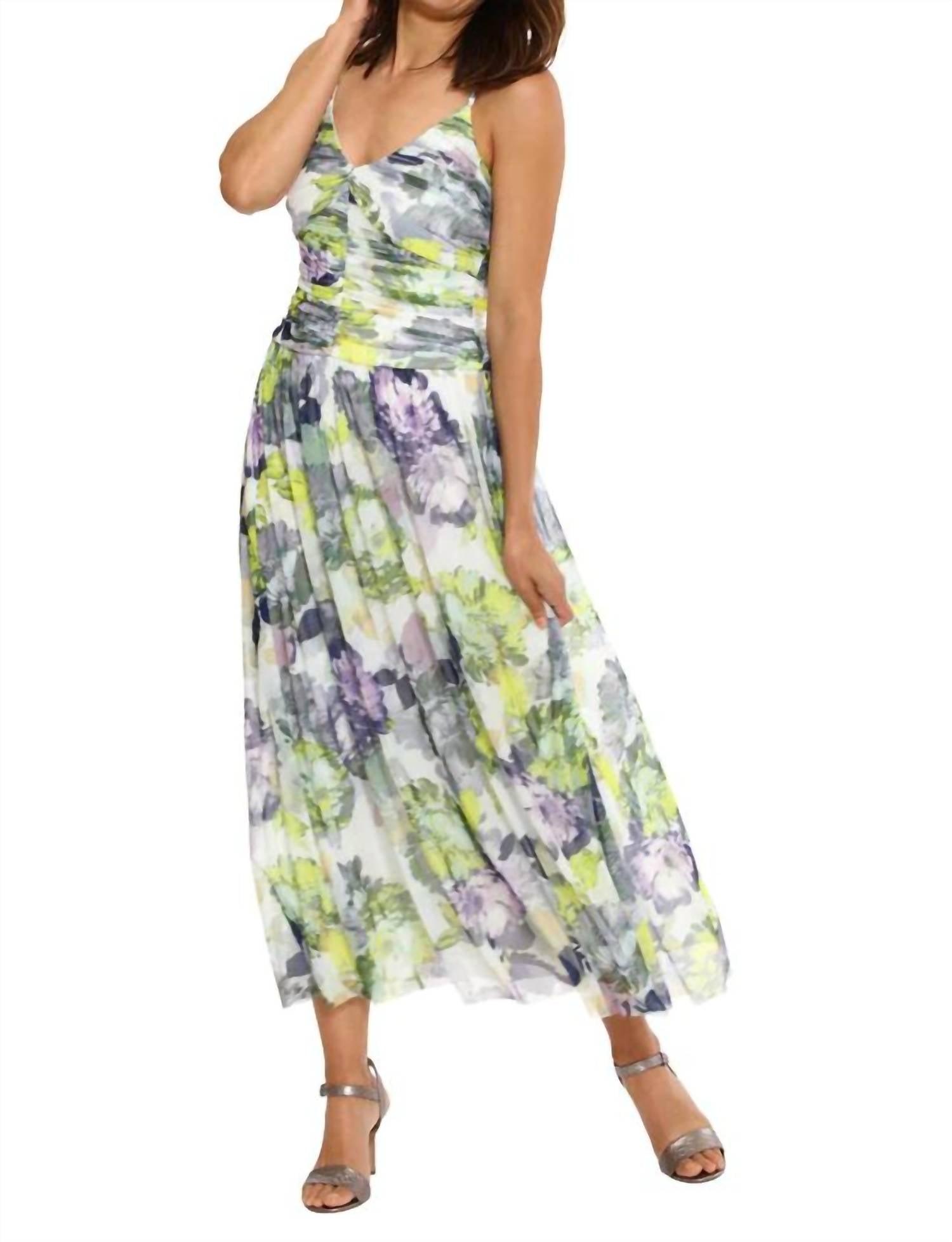 v-neck ruched maxi dress in white/yellow