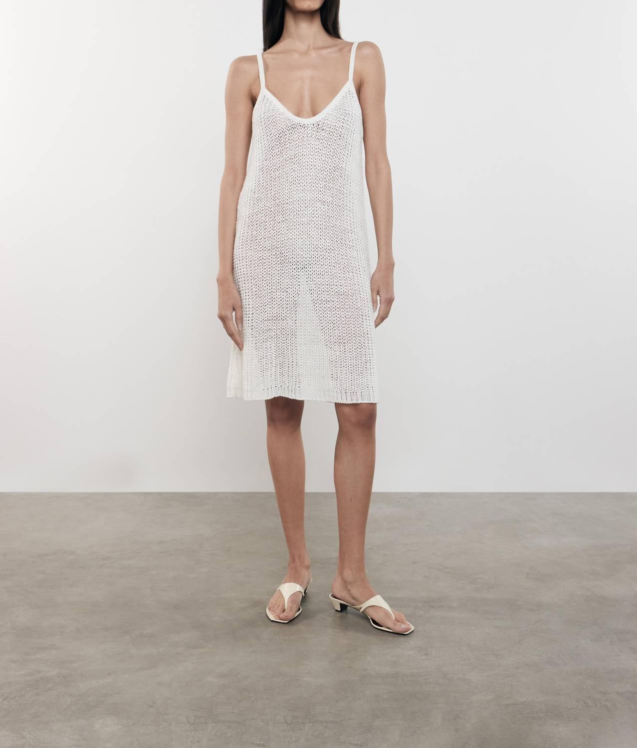 linen open knit piscine dress in white