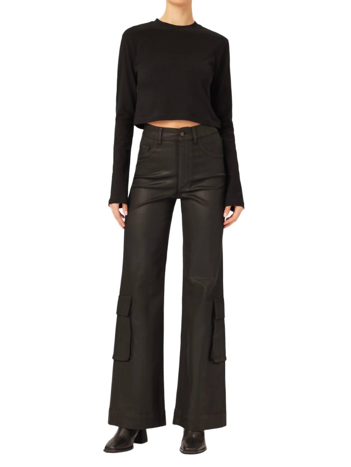 hepburn wide leg high rise jean in black coated cargo