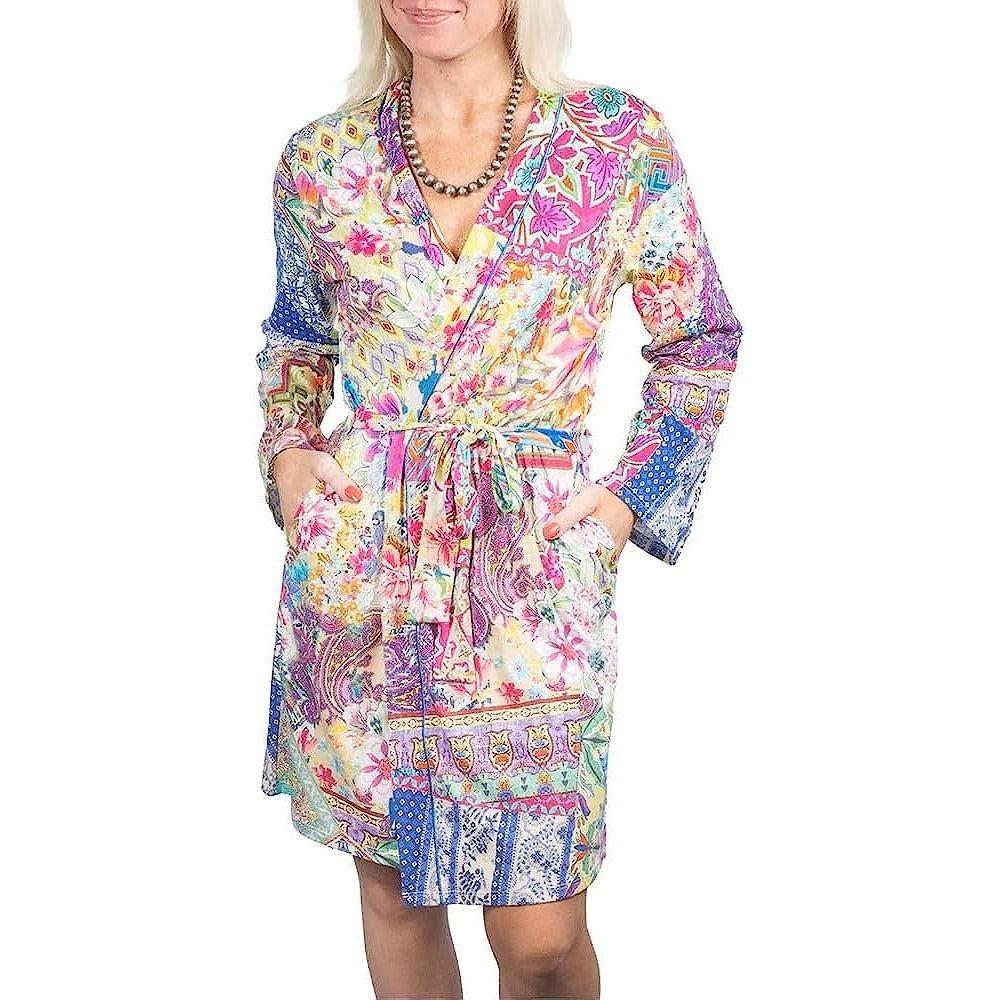 women talavera v-neck belted cotton modal sleep robe multicolor