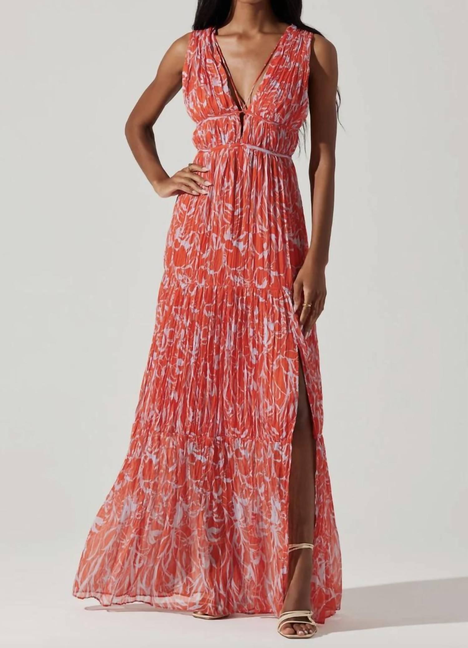 pescadero pleated maxi dress in red/orange abstract