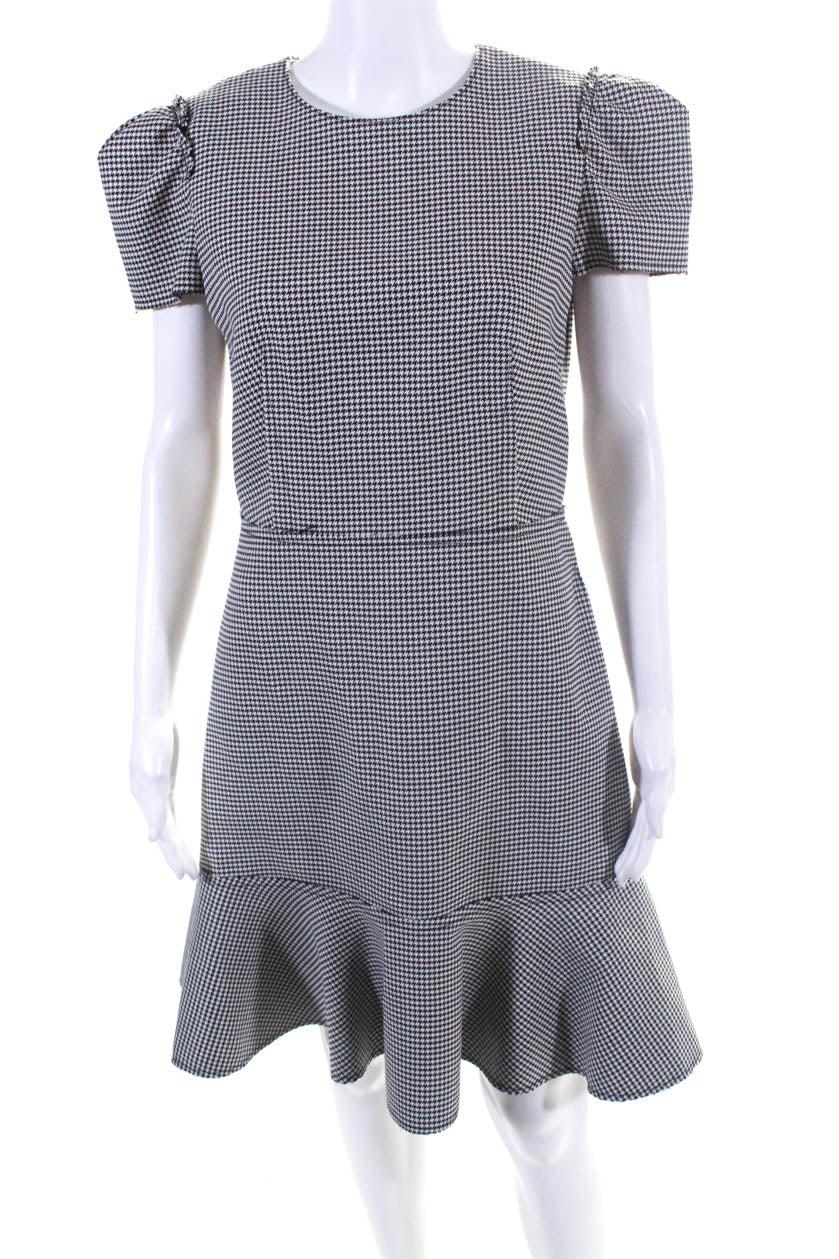 womens houndstooth black short sleeve zip back a-line dress