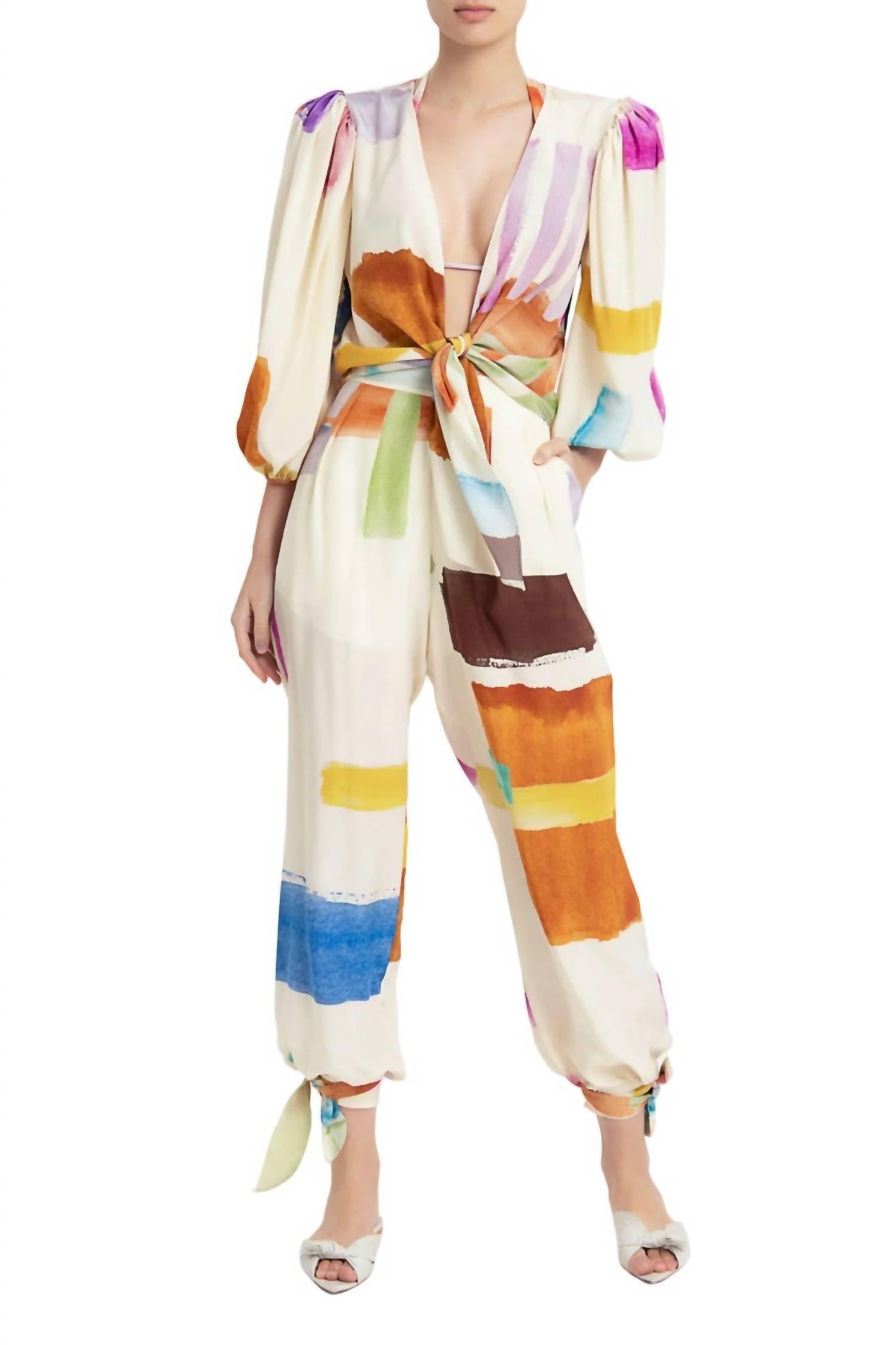 illusion puff-sleeved shirt in white-multi color