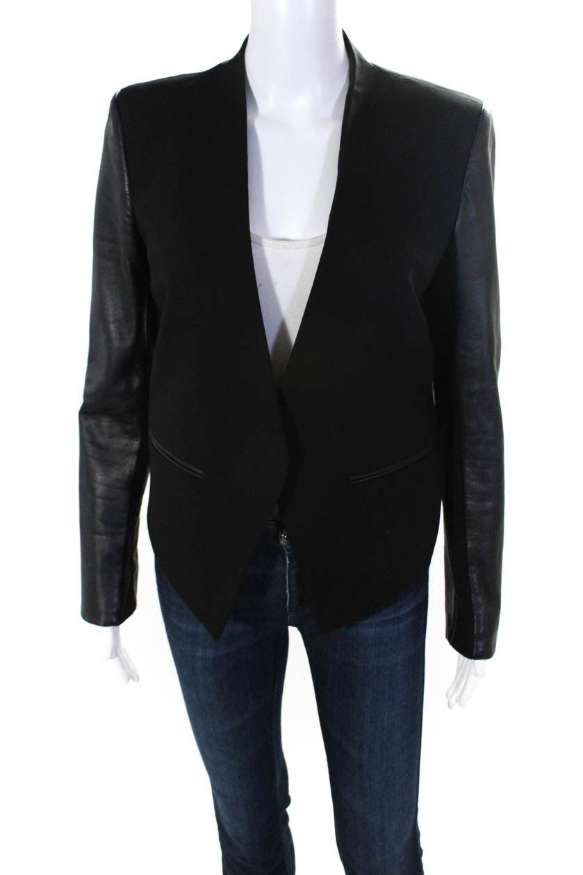 women's leather one-button collarless jacket black