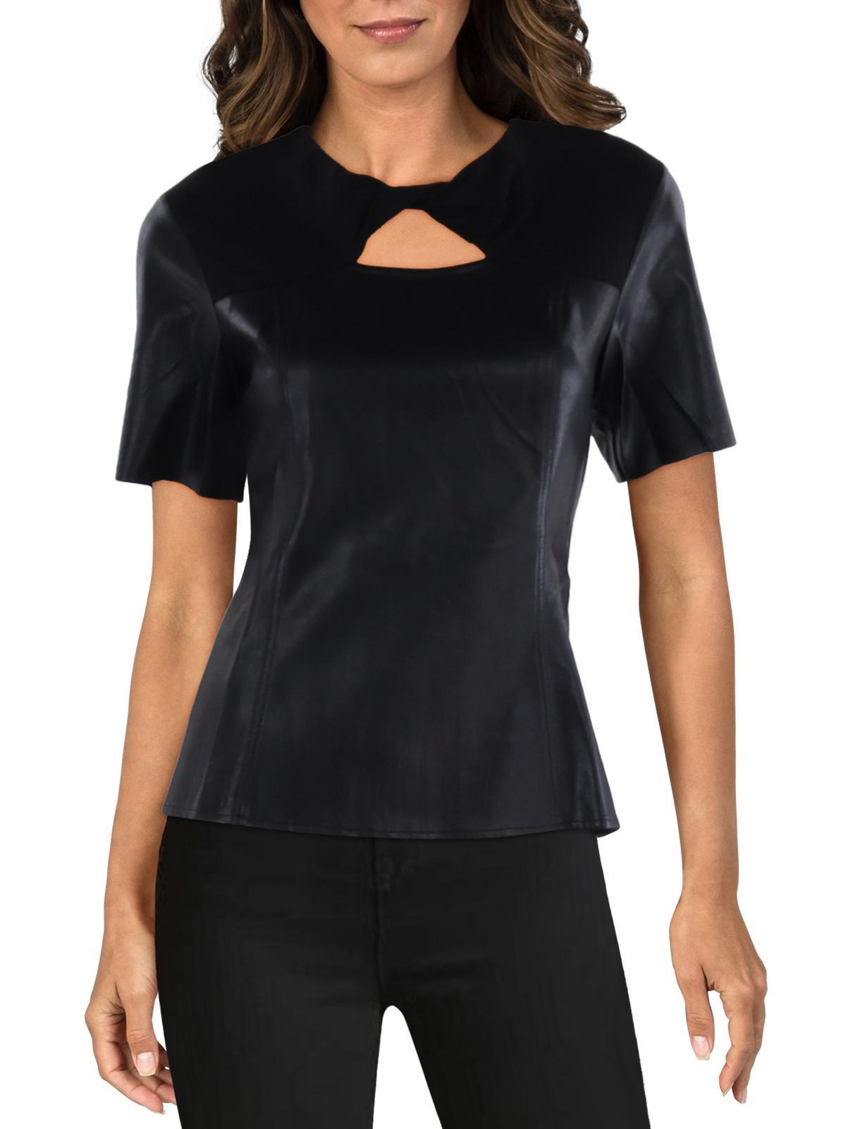 womens faux leather twist front blouse