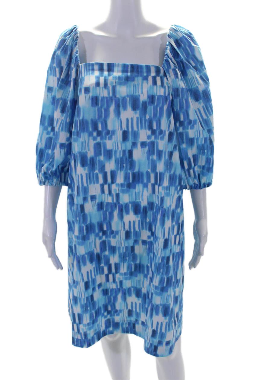 womens cotton spotted print square neck a-line midi dress blue