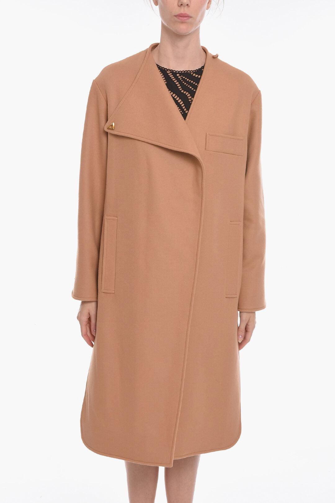 wool-blend coat with asymmetric fastening and logoed applica