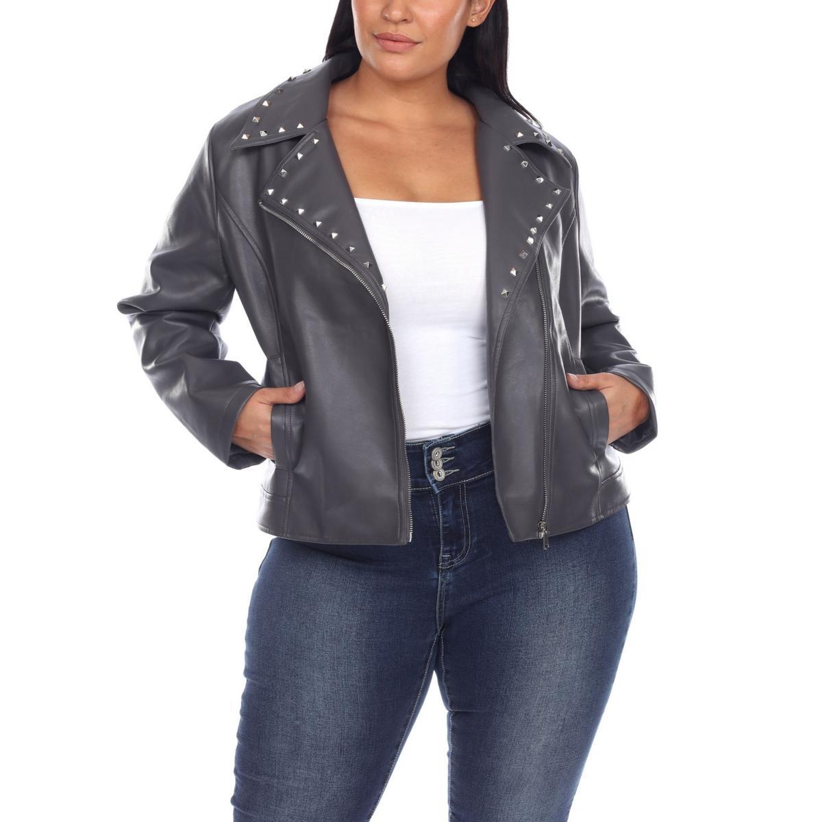 plus womens faux leather studded motorcycle jacket