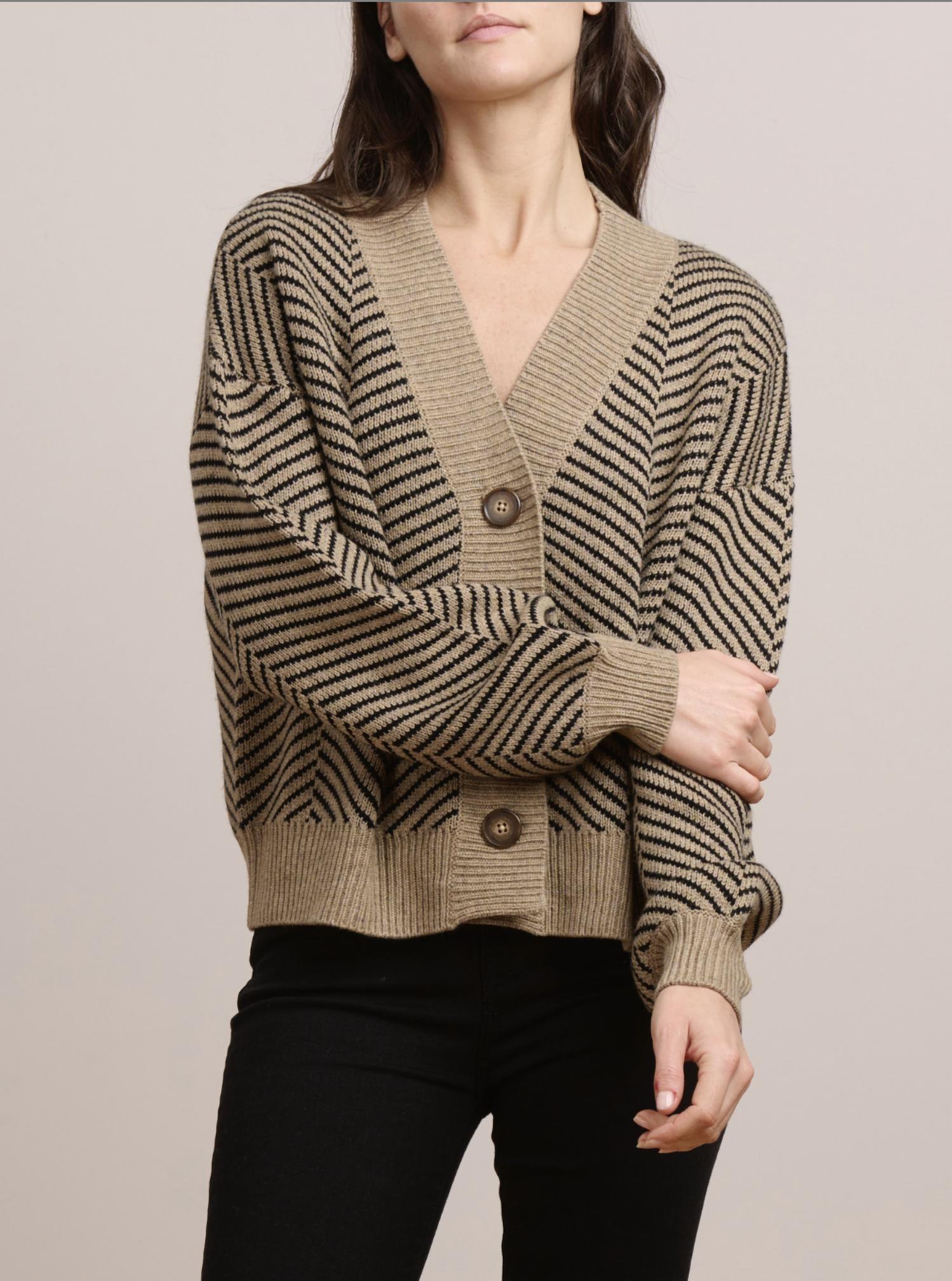 kendall striped cardigan in black/camel heather