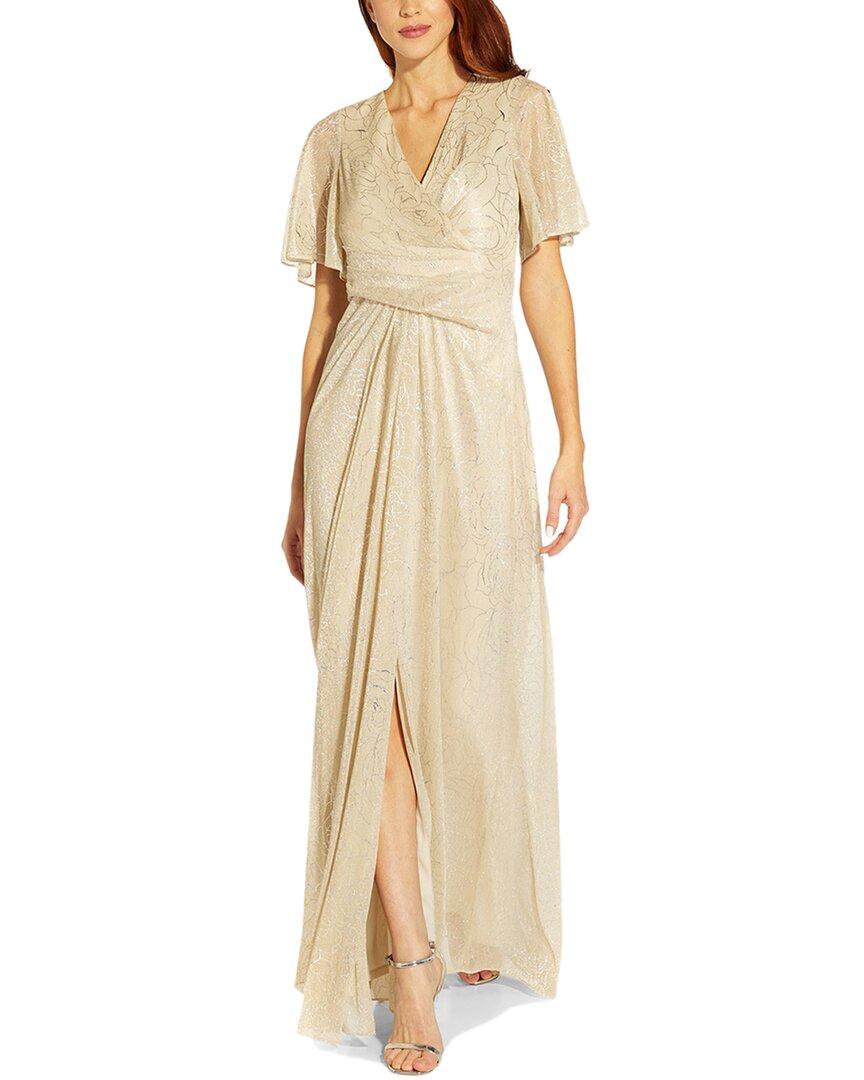 Adrianna Papell Stencil Floral Metallic Mesh Draped Gown