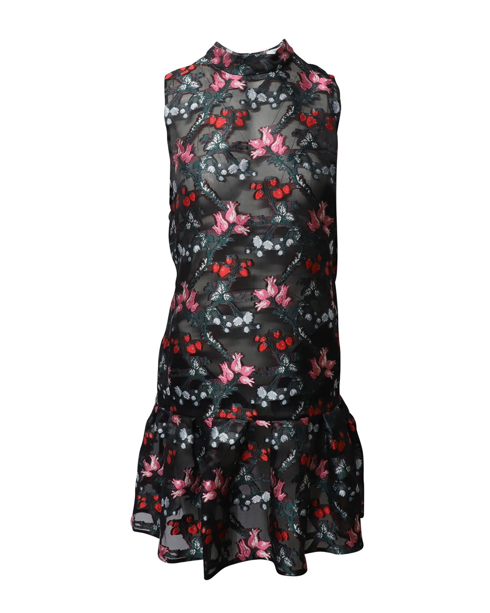 ruffled hem embroidered floral shift dress in black polyester