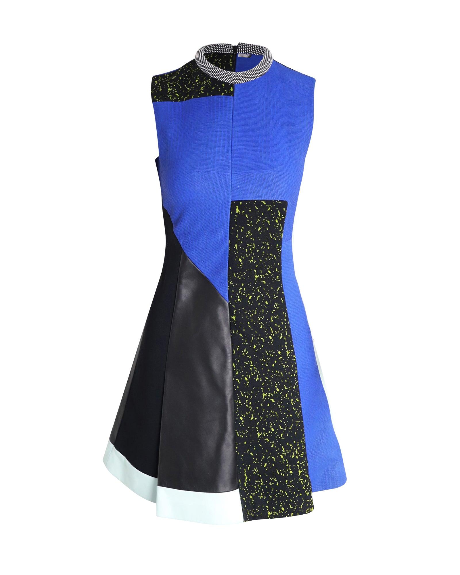 leather patchwork dress in blue vicsose