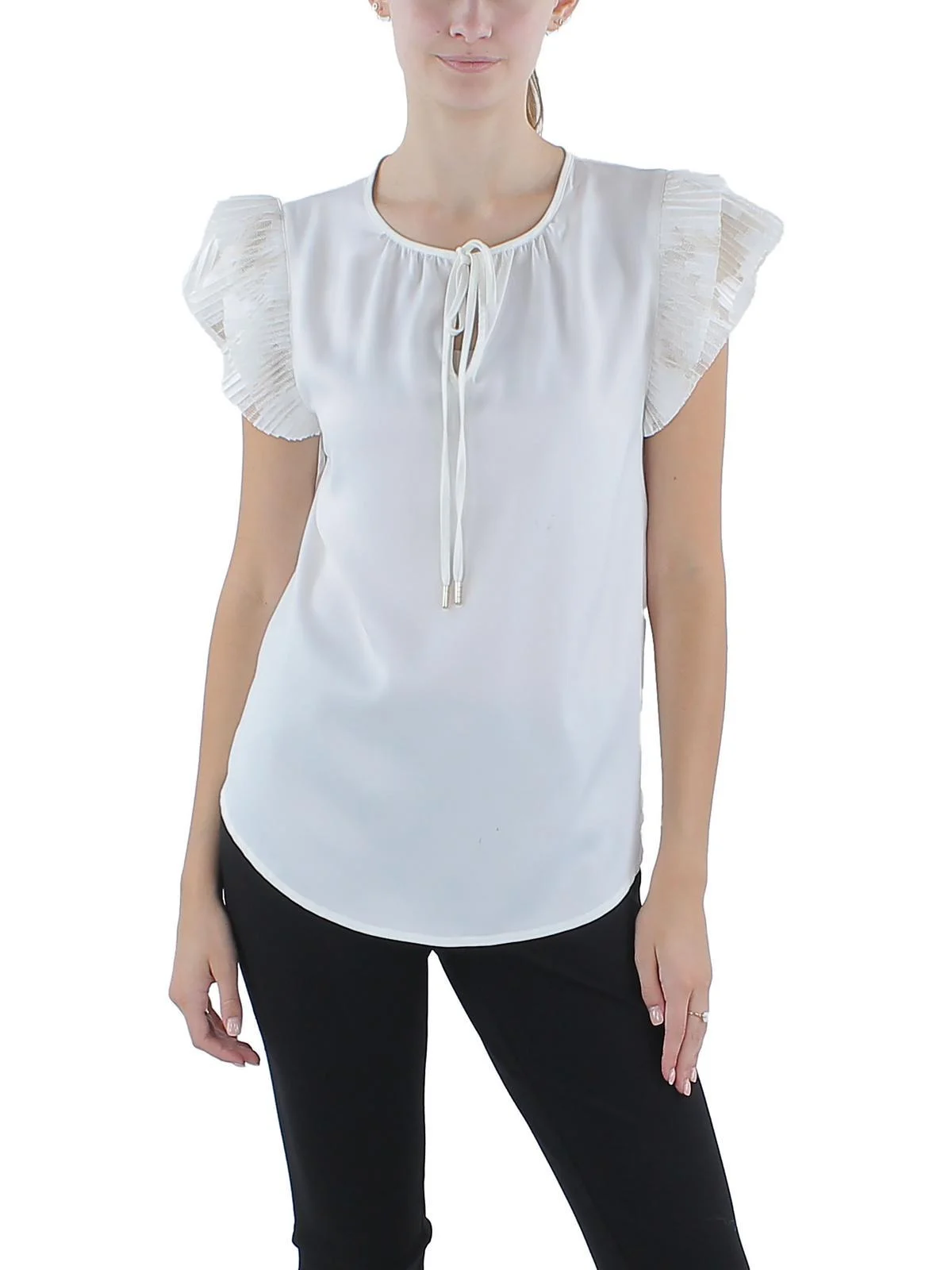 womens lace sleeve tie neck blouse