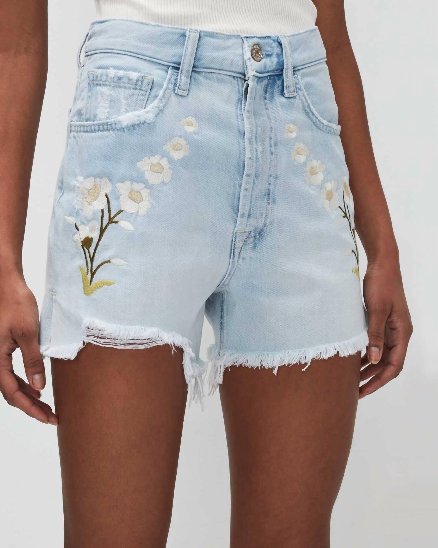 cut off embroidered shorts in sun blue