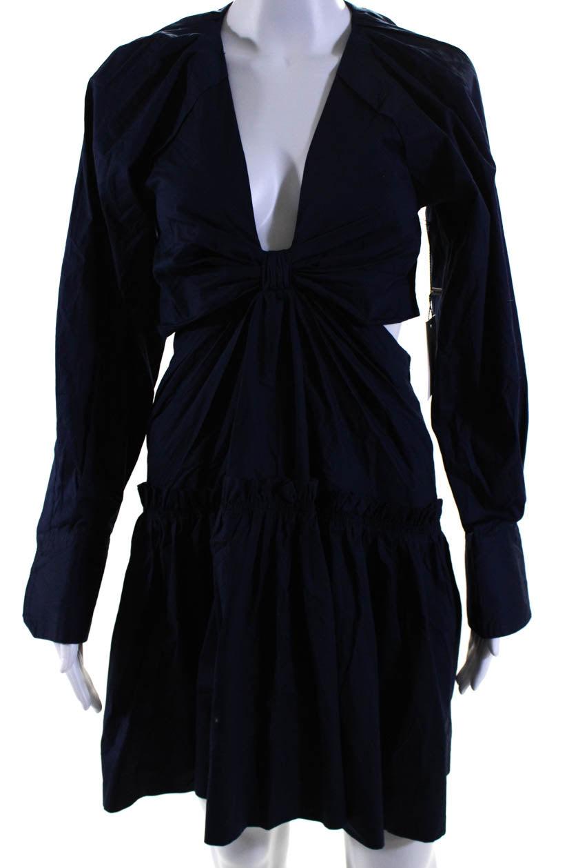 womens cut out waist long sleeves a line dress navy blue