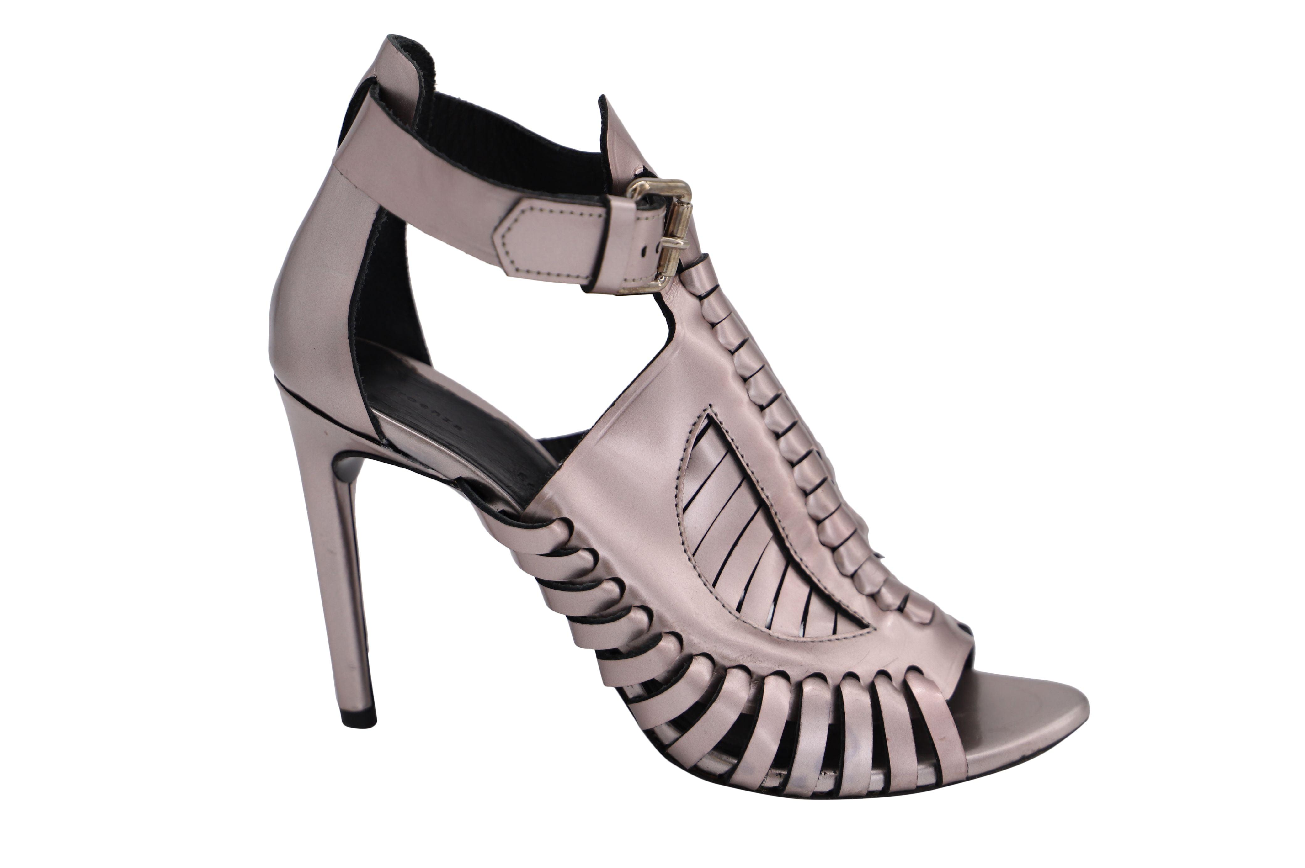 cage heels in silver patent leather