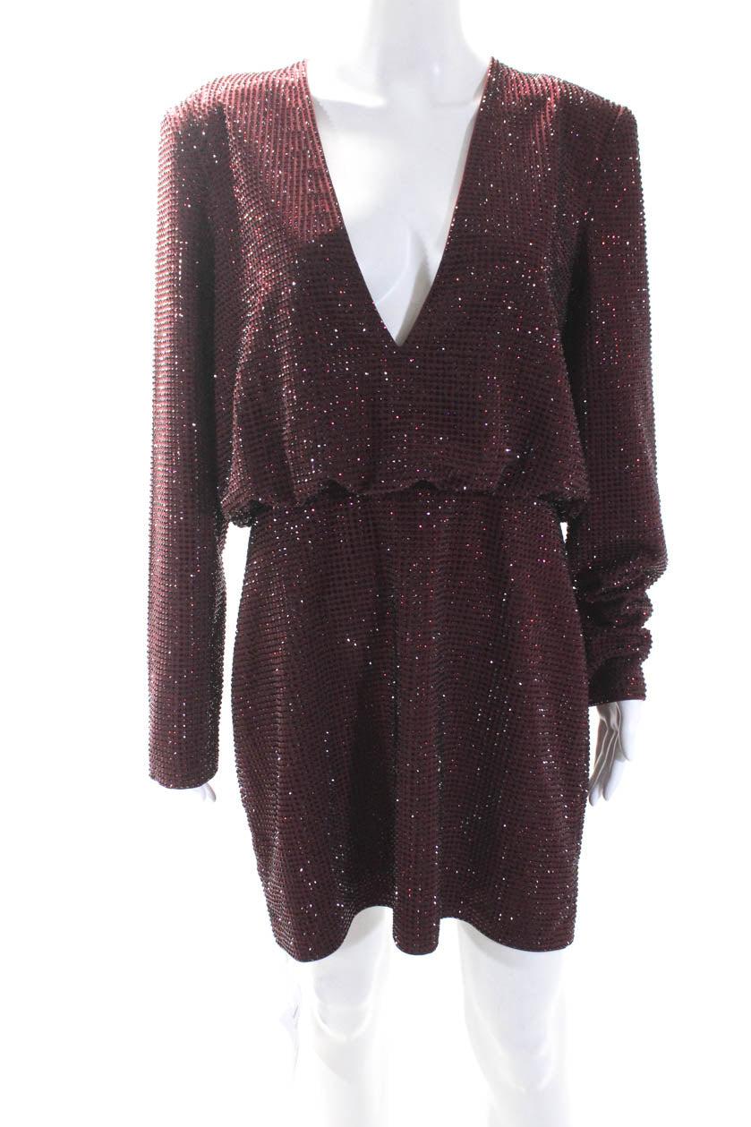 womens long sleeve diamante crystal mini dress maroon