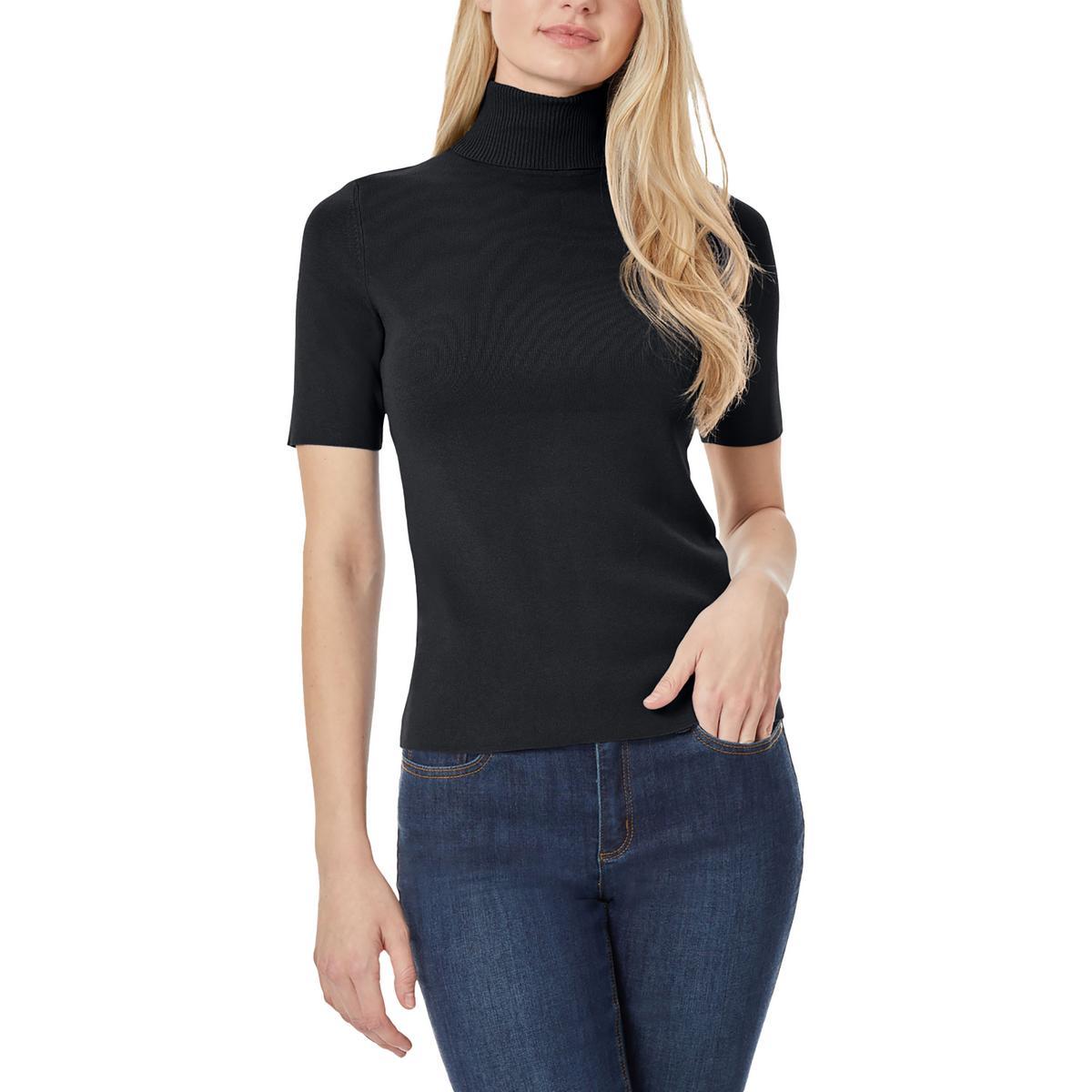 womens short sleeve ribbed trim mock turtleneck sweater