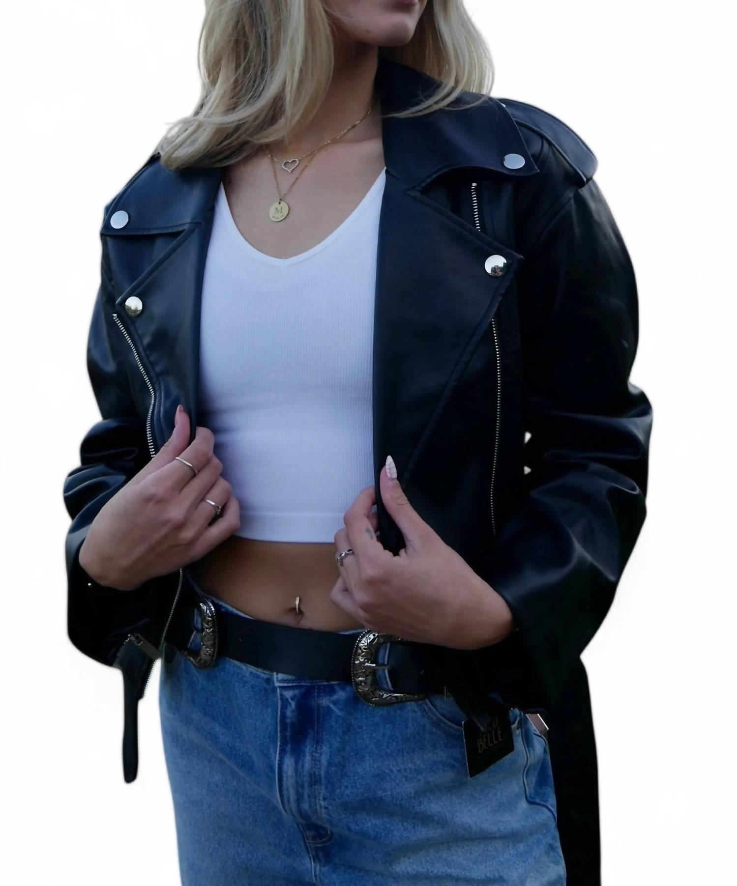 cropped moto jacket in black