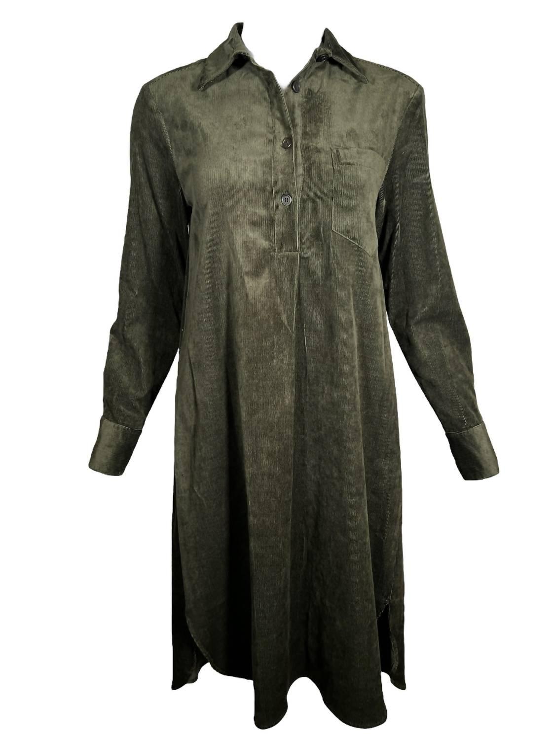 women's stretch corduroy shirt dress in hunter