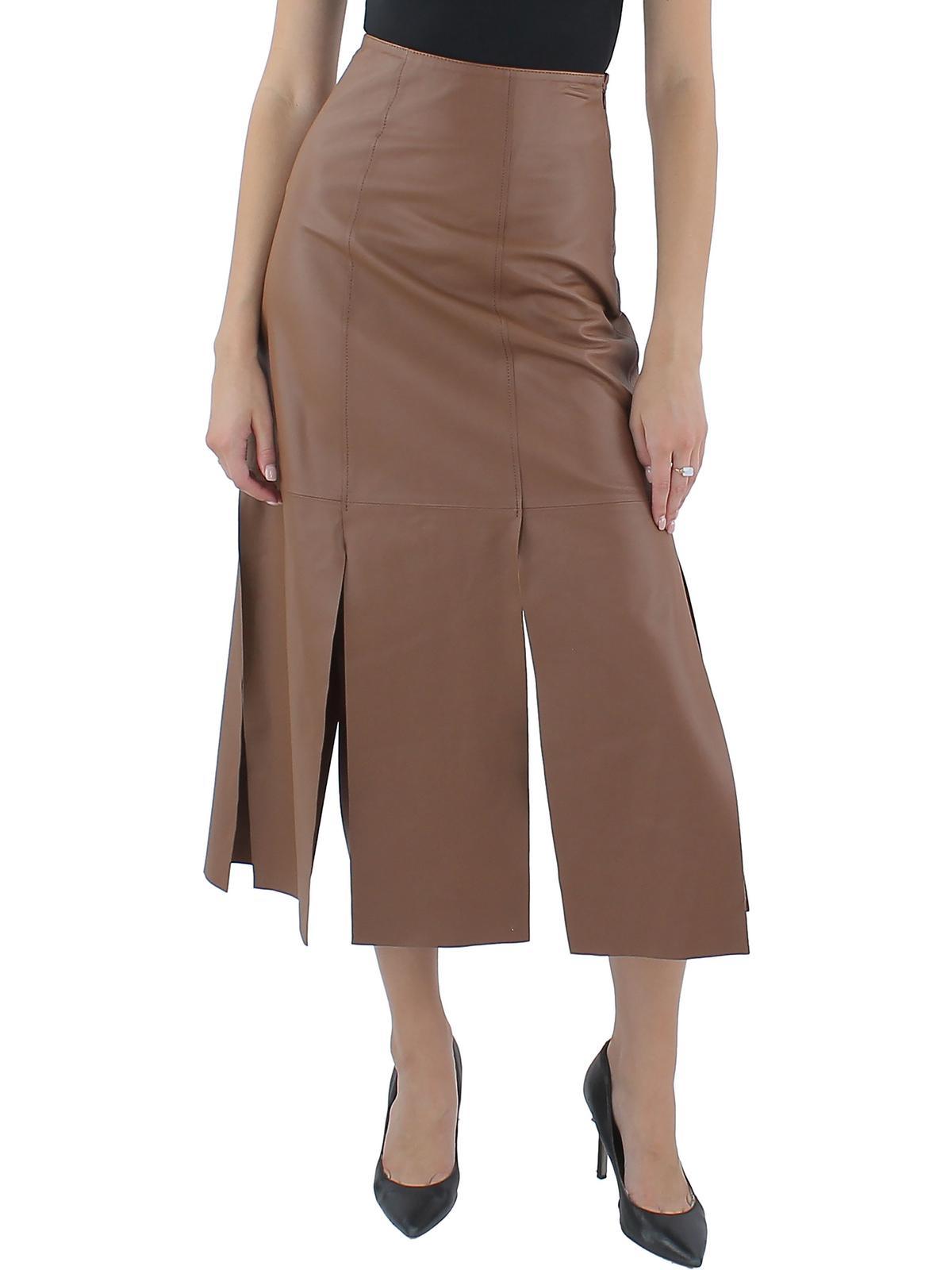 lunes womens leather split hem midi skirt