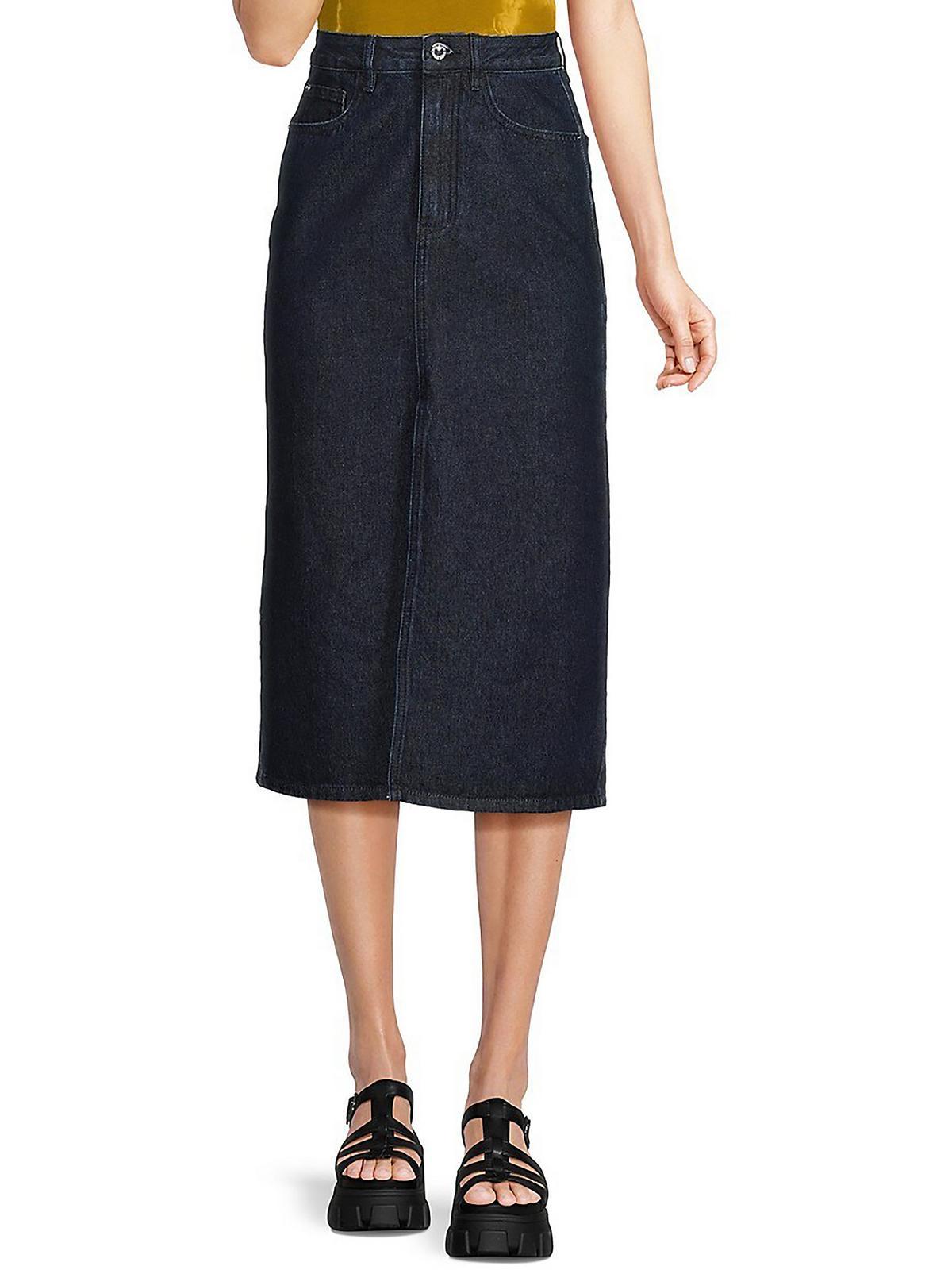 womens denim high rise midi skirt