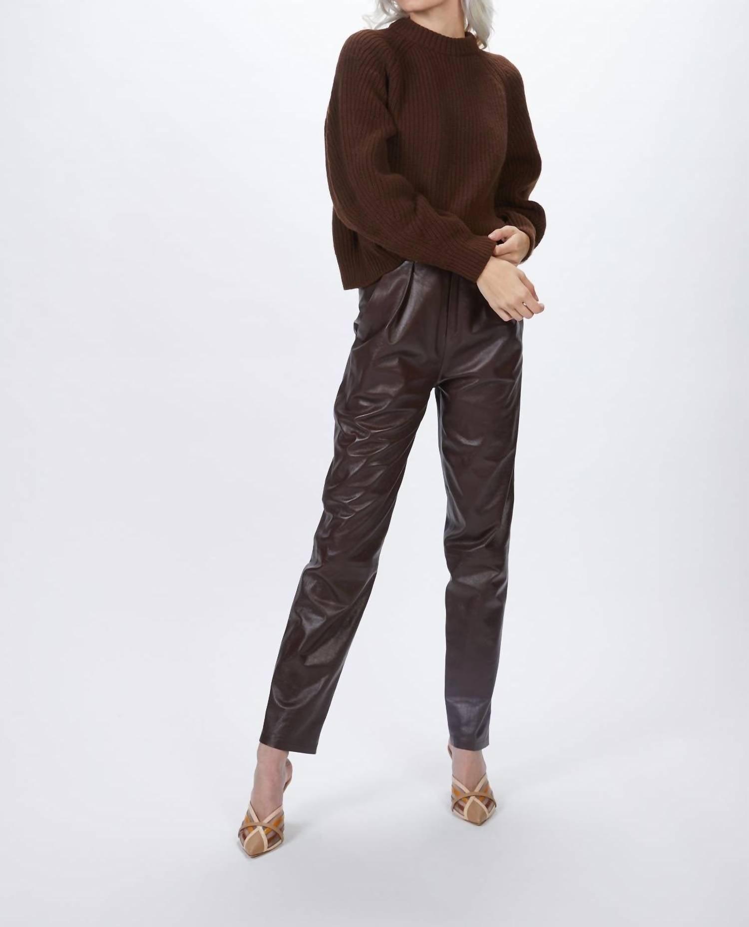 pleated leather pants in plum