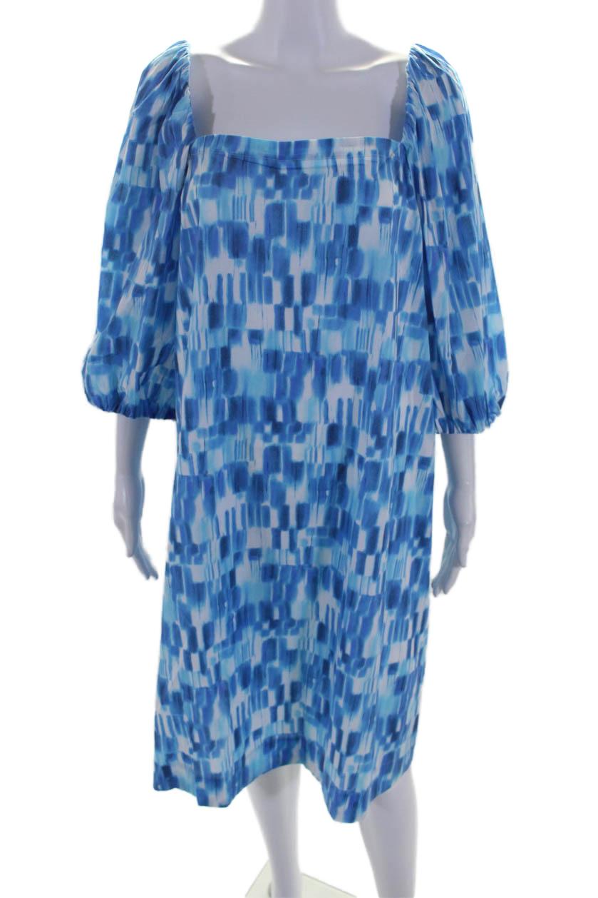 womens cotton cottage print long sleeve a-line midi dress blue