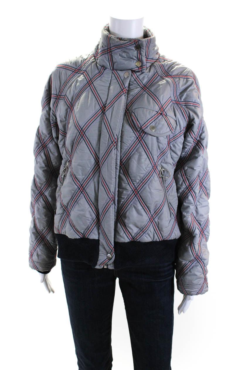 womens gray quilted mock neck full zip long sleeve jacket