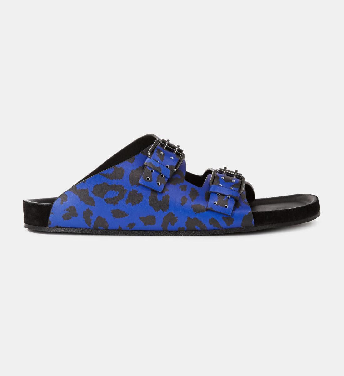 blue leather leopard-print sandals