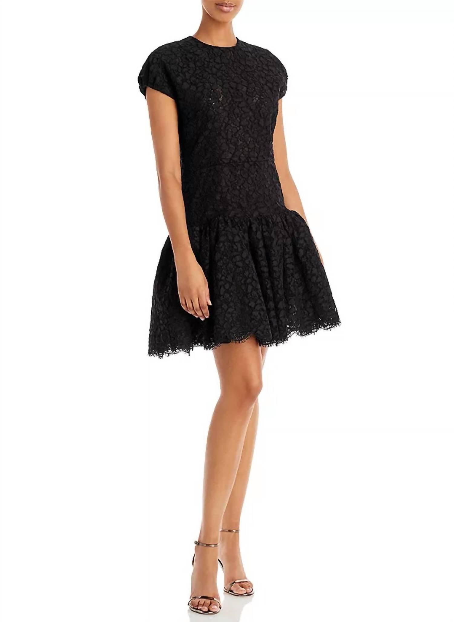 corded floral lace ruffle dress in black