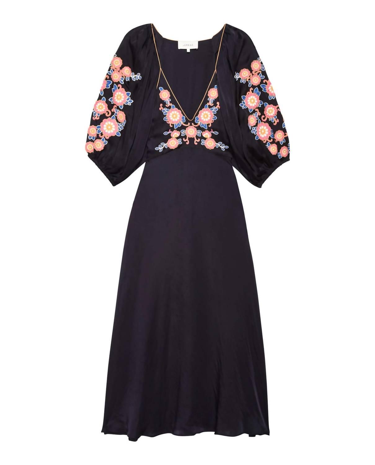 women's sagebrush dress in navy country floral embroidery