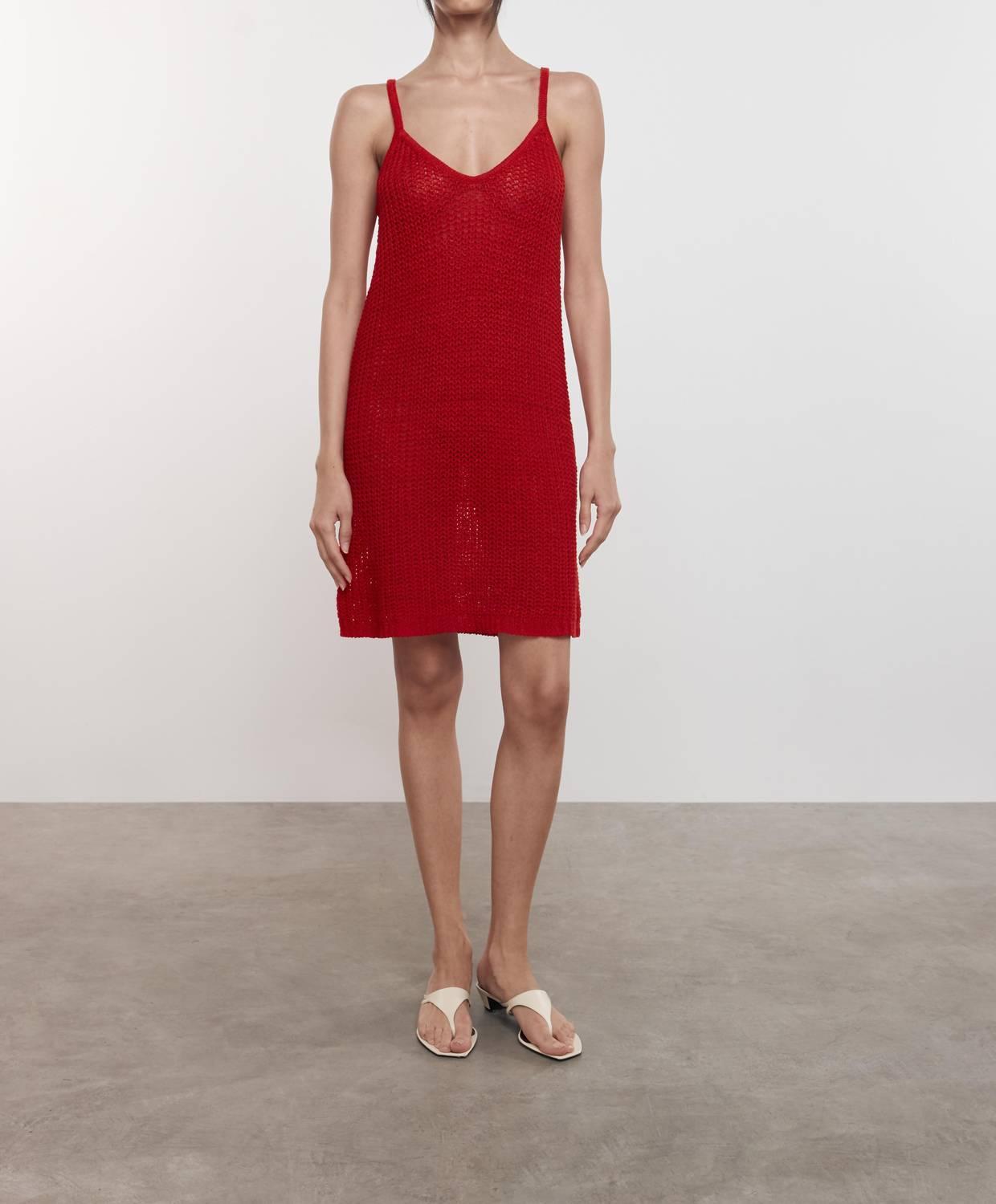 linen open knit piscine dress in poppy