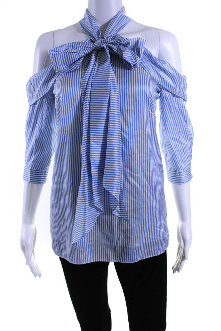 womens striped satin off shoulder halter top blouse white blue silk