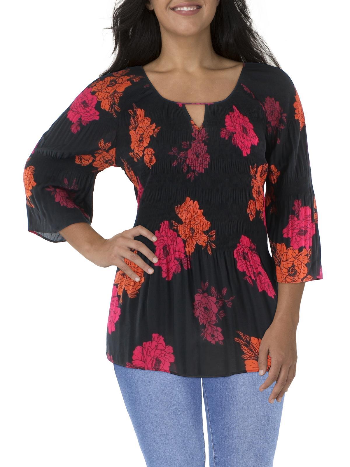 plus womens floral rint pleated blouse