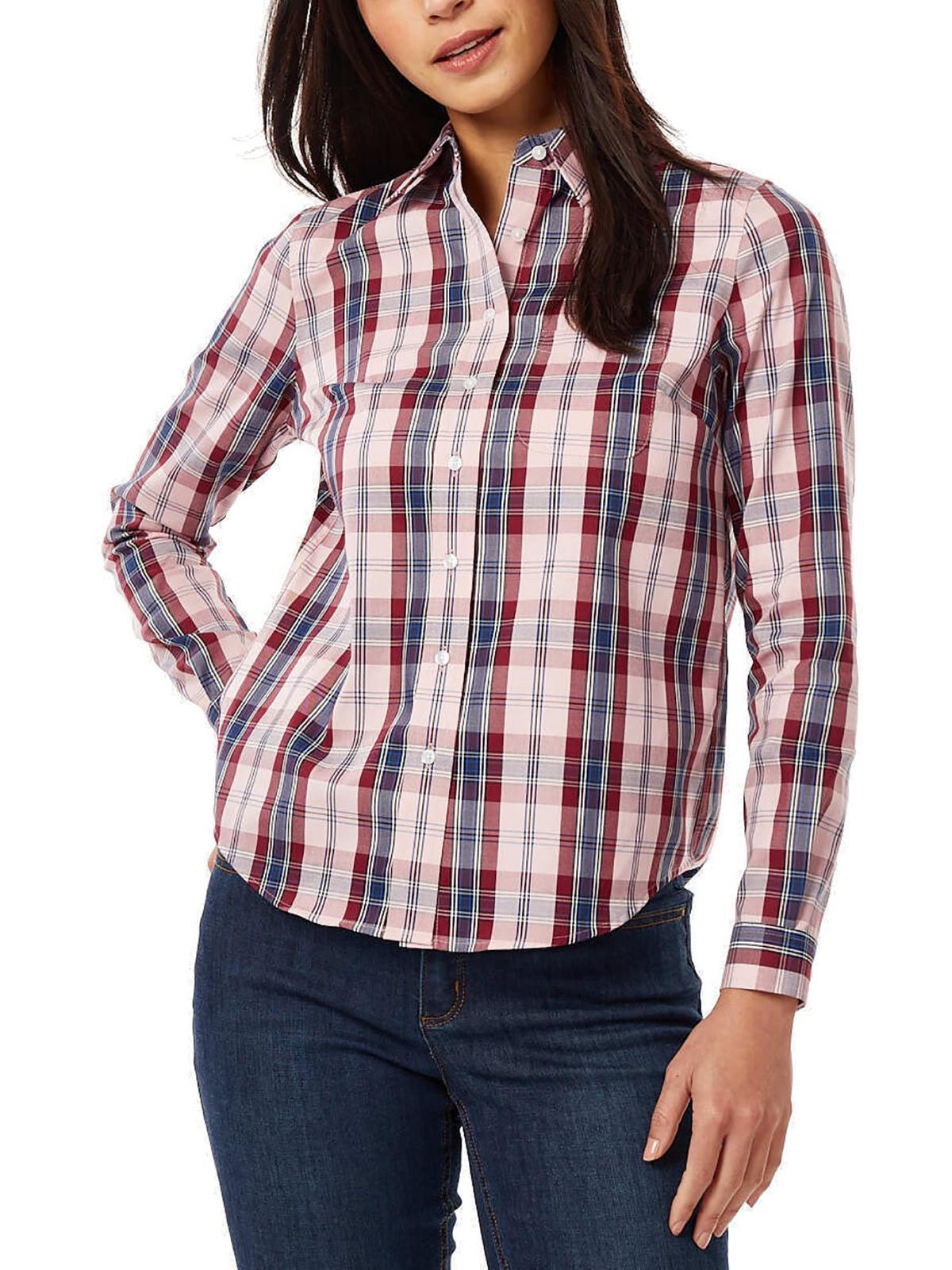 womens cotton plaid button-down top